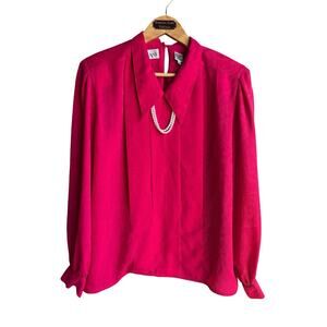 Vintage 80s Women's Hot Pink Satin Long Sleeve Secretary Geek Blouse Size 10